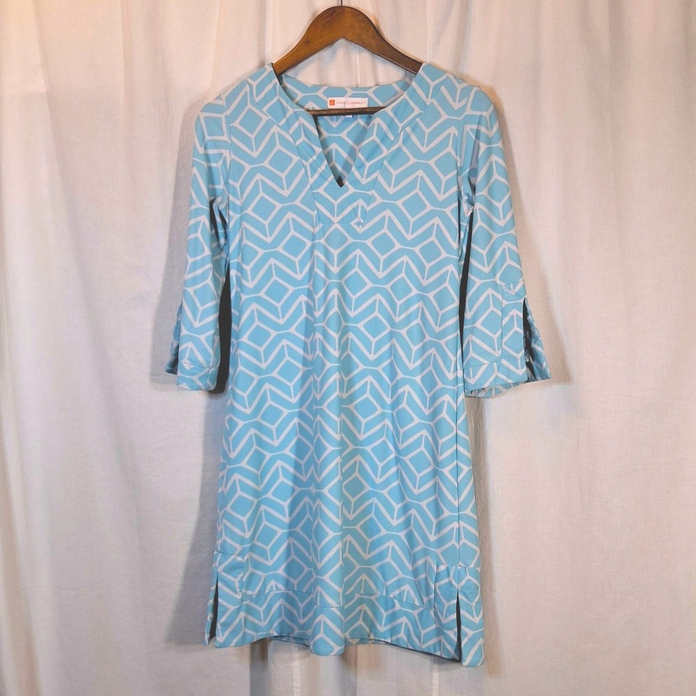 Jude Connally Megan Mini Dress S Blue White Geometric V-Neck Shift Tunic Coastal